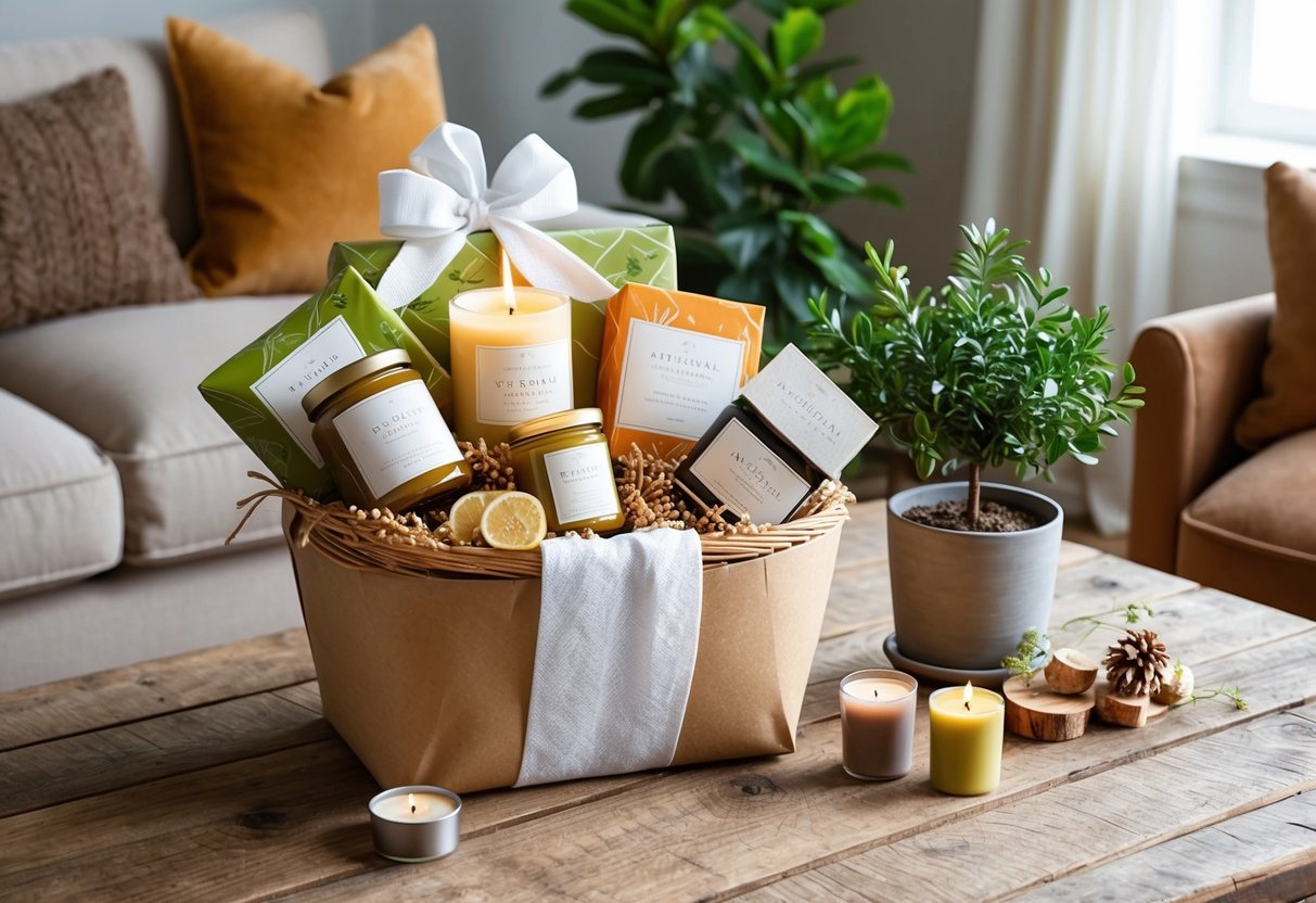 A beautifully wrapped gift basket filled with artisanal food items, candles, and a potted plant sits on a rustic wooden table in a cozy living room