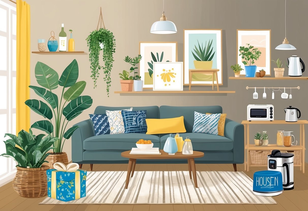 A cozy living room with a variety of housewarming gifts on display, including plants, artwork, kitchen gadgets, and decorative items to suit different tastes and lifestyles