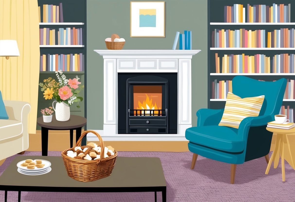 A cozy living room with a fireplace, bookshelves, and a welcoming armchair. A vase of fresh flowers sits on a side table, and a basket of homemade goodies is placed on the coffee table