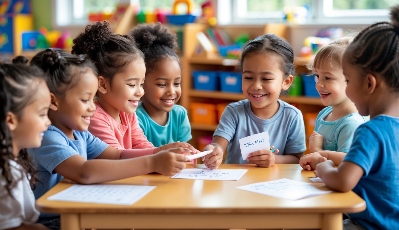 A group of preschool children in a classroom, one child gives a handwritten note to another who looks surprised and happy.
