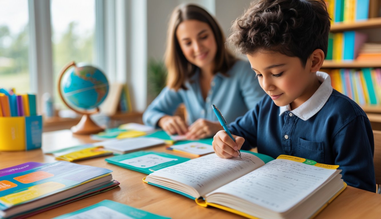A child writing in a notebook at a desk with educational materials nearby while a smiling adult watches.