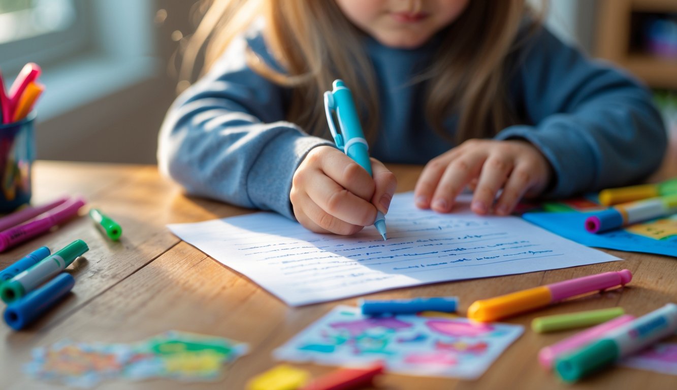A child writing a handwritten note with a pen on paper at a desk with colorful stationery around.