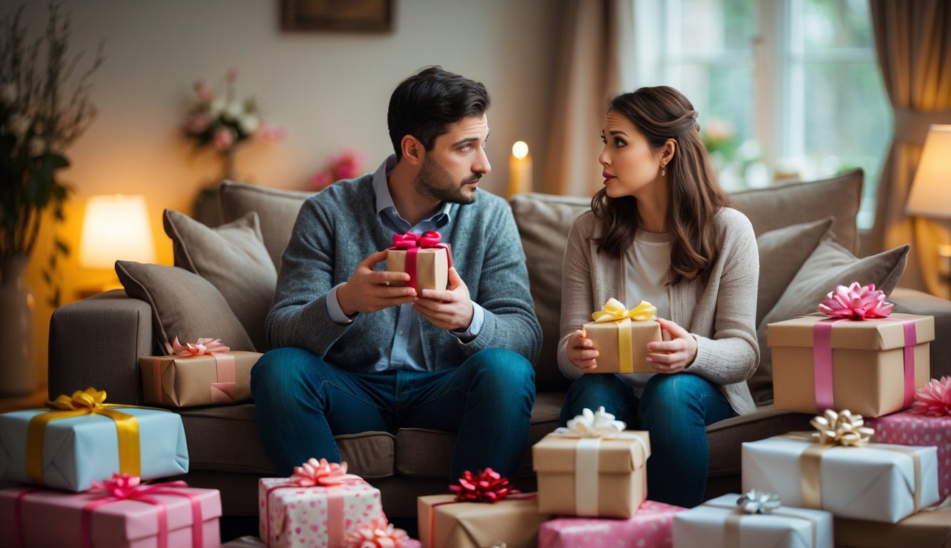 A couple sitting on a sofa surrounded by wrapped anniversary gifts, looking thoughtful and uncertain.