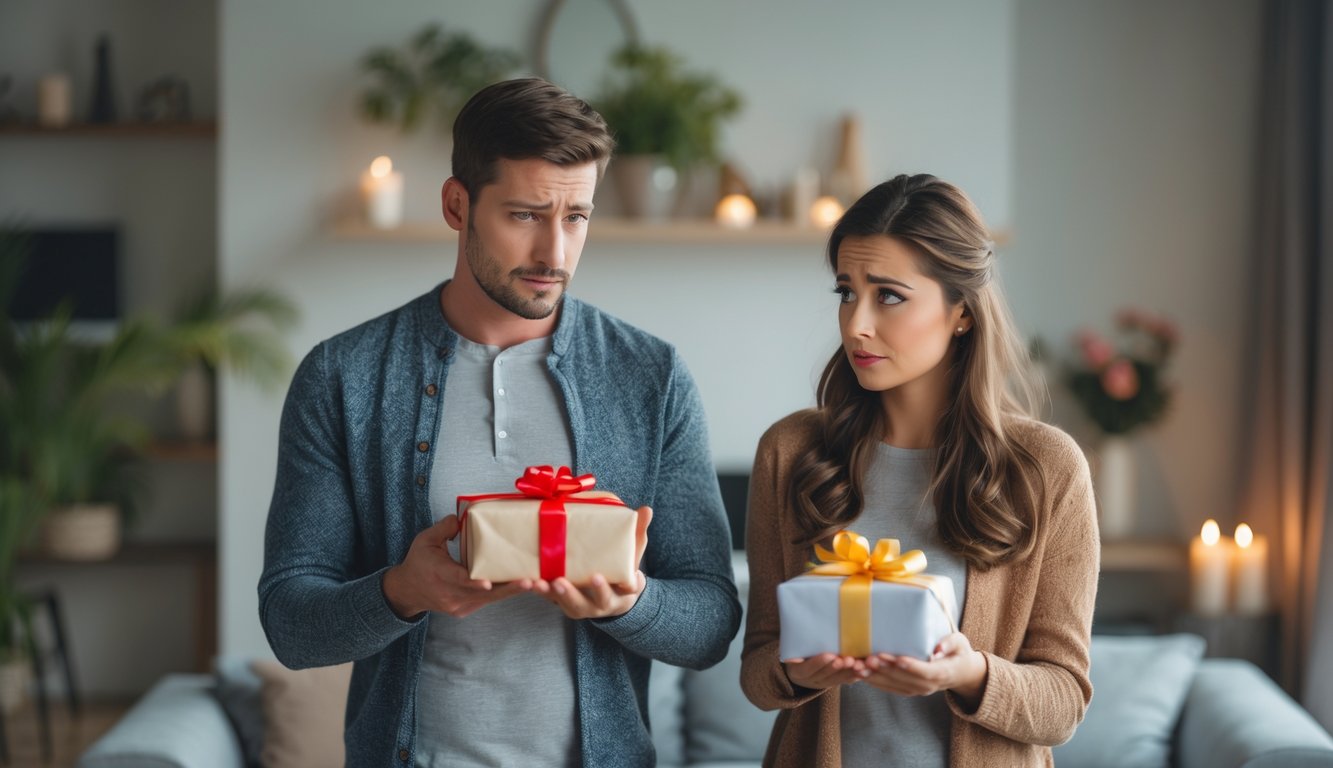 A couple standing in a living room, looking confused while holding different wrapped anniversary gifts.