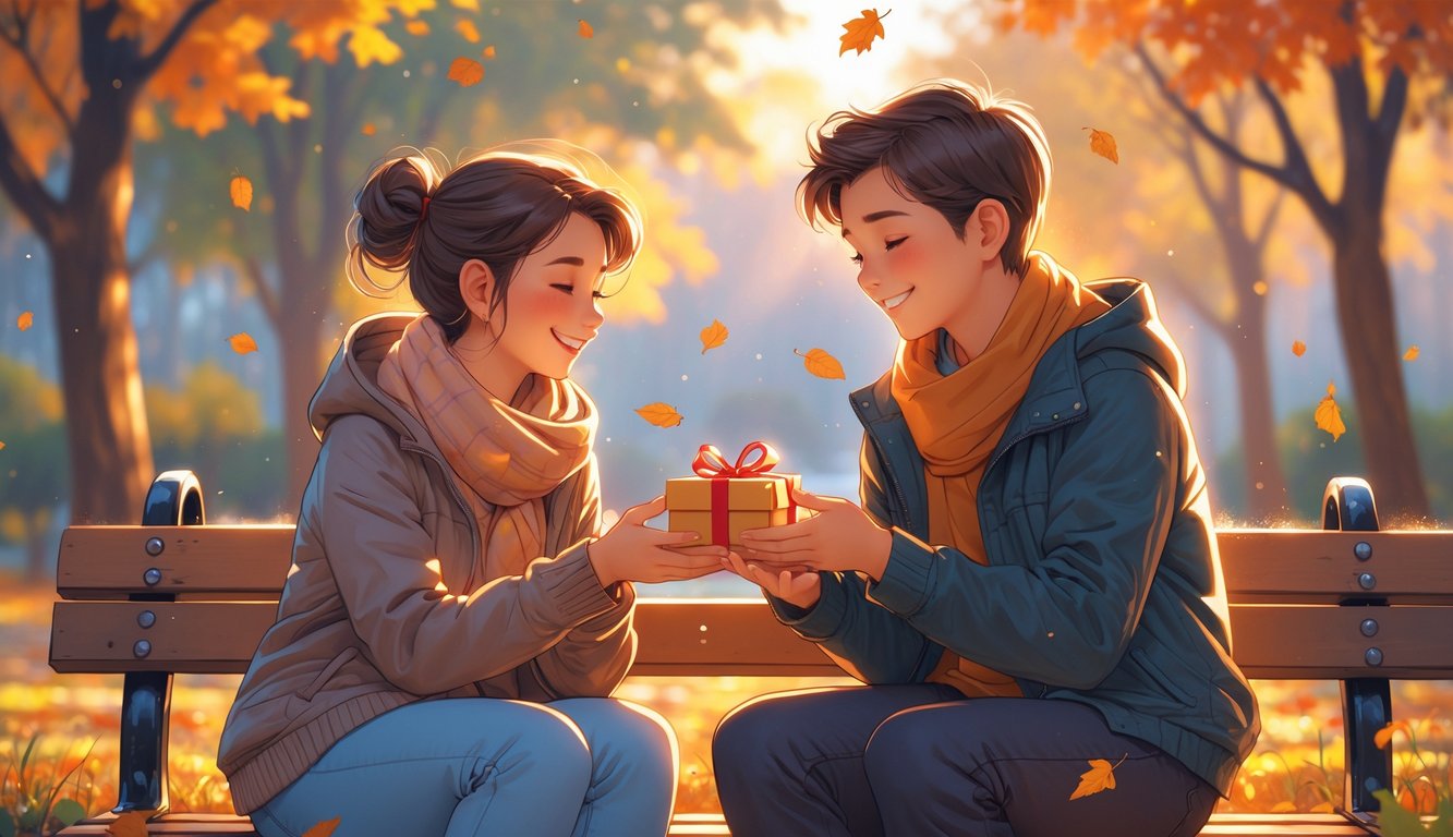 Two siblings sitting closely on a park bench exchanging a small gift, smiling warmly at each other in a peaceful autumn setting.