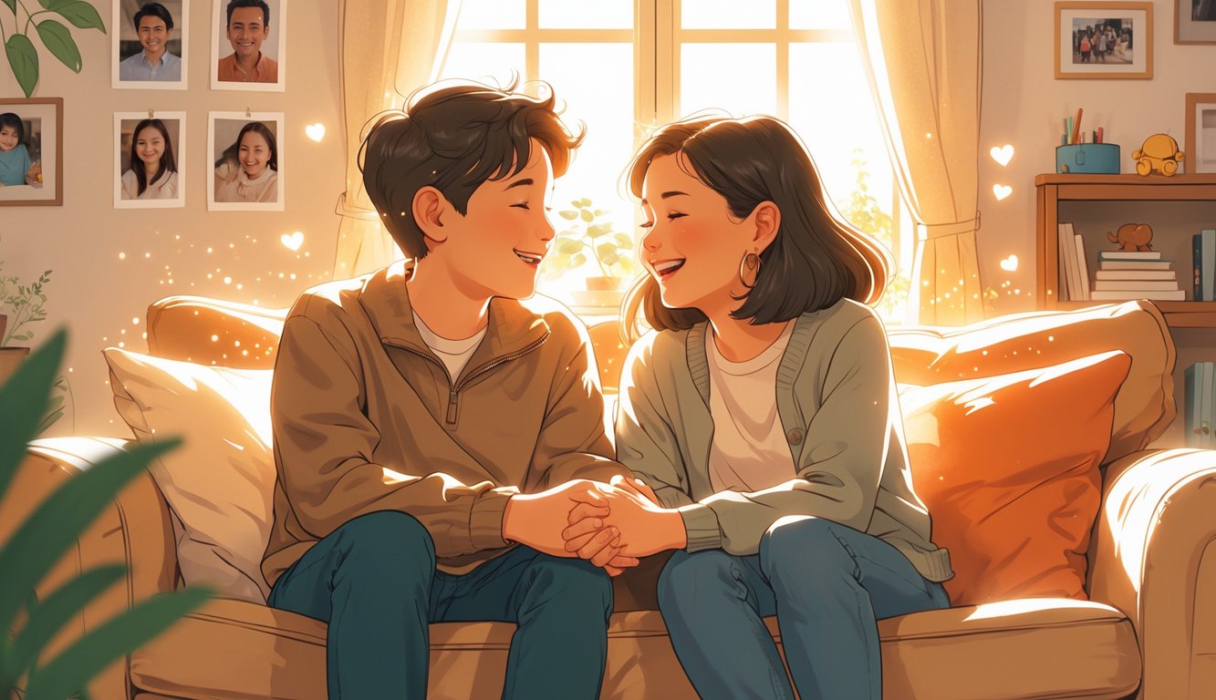 Two siblings sitting closely on a sofa, holding hands and smiling warmly at each other in a cozy living room.