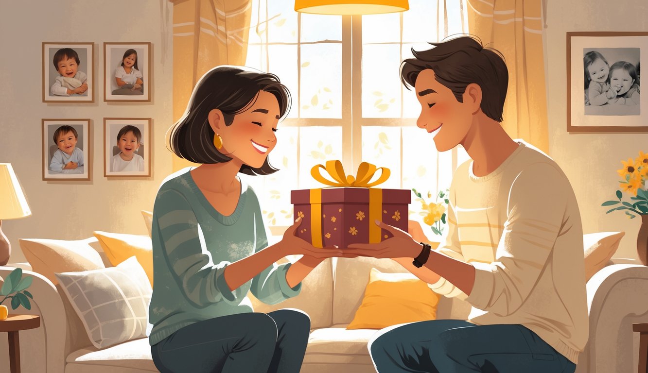 Two adult siblings exchanging a gift in a cozy living room, smiling warmly and sharing a moment of connection.