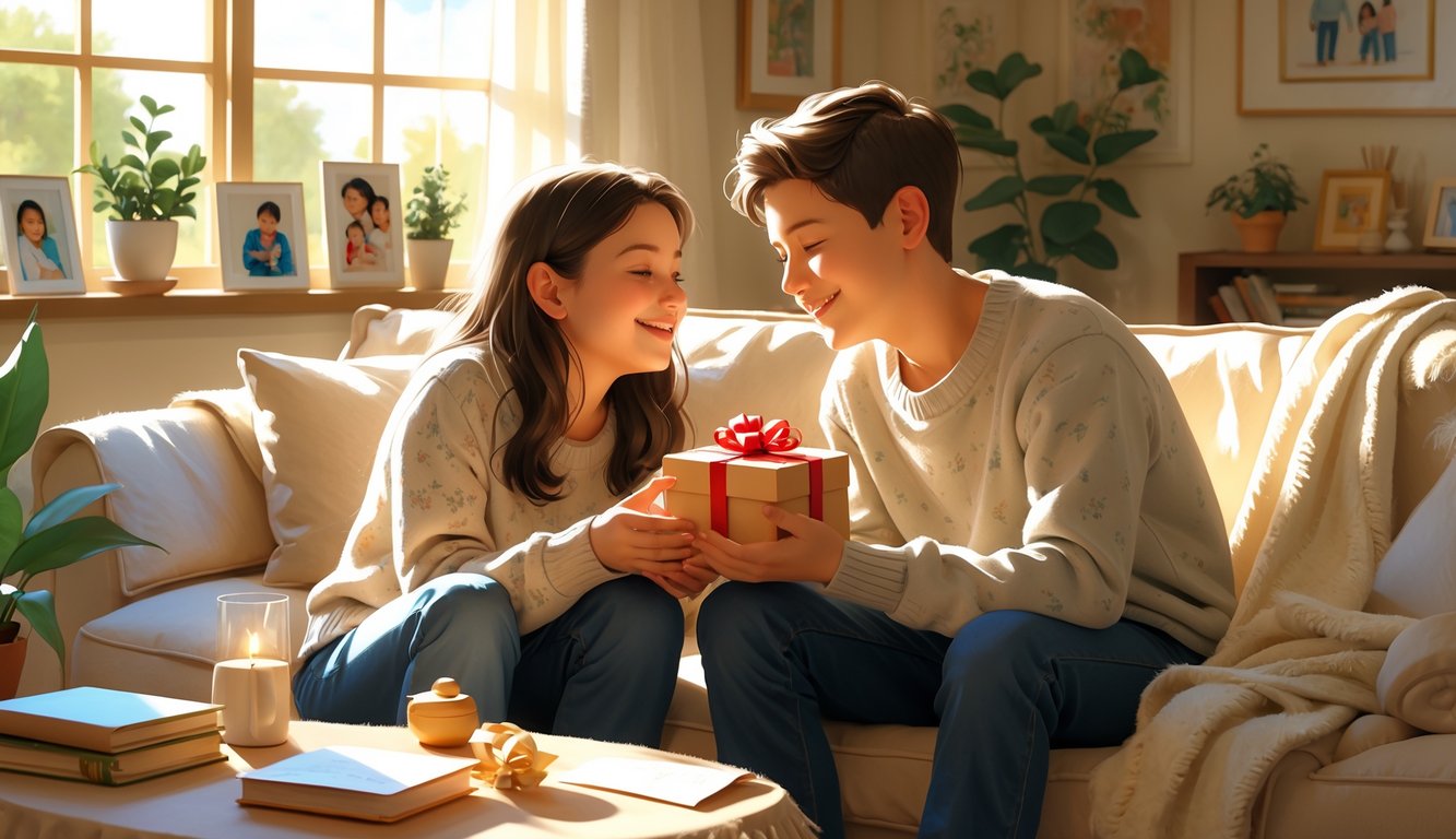 Two siblings sitting together on a sofa, smiling and exchanging a small gift in a cozy living room filled with family photos and personal mementos.