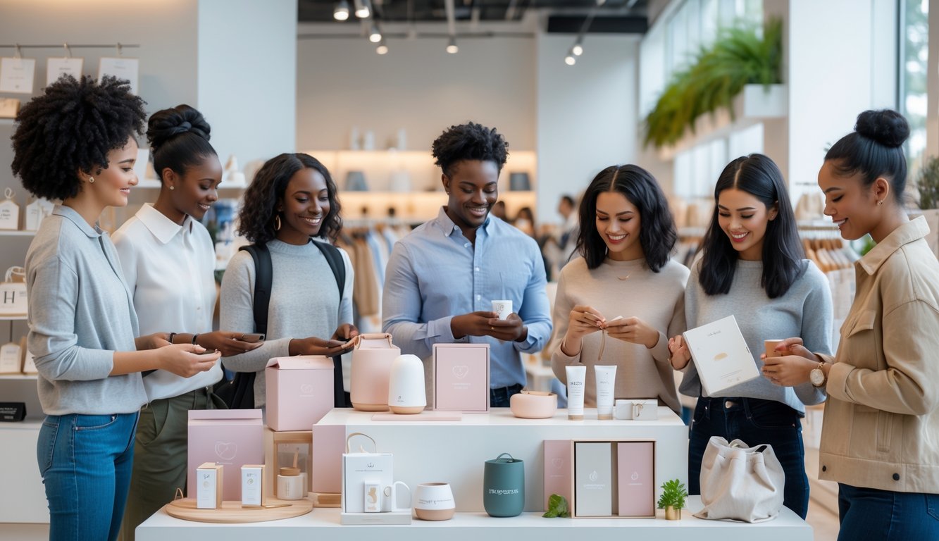 Diverse group of shoppers browsing gender-neutral gifts in a modern retail store.