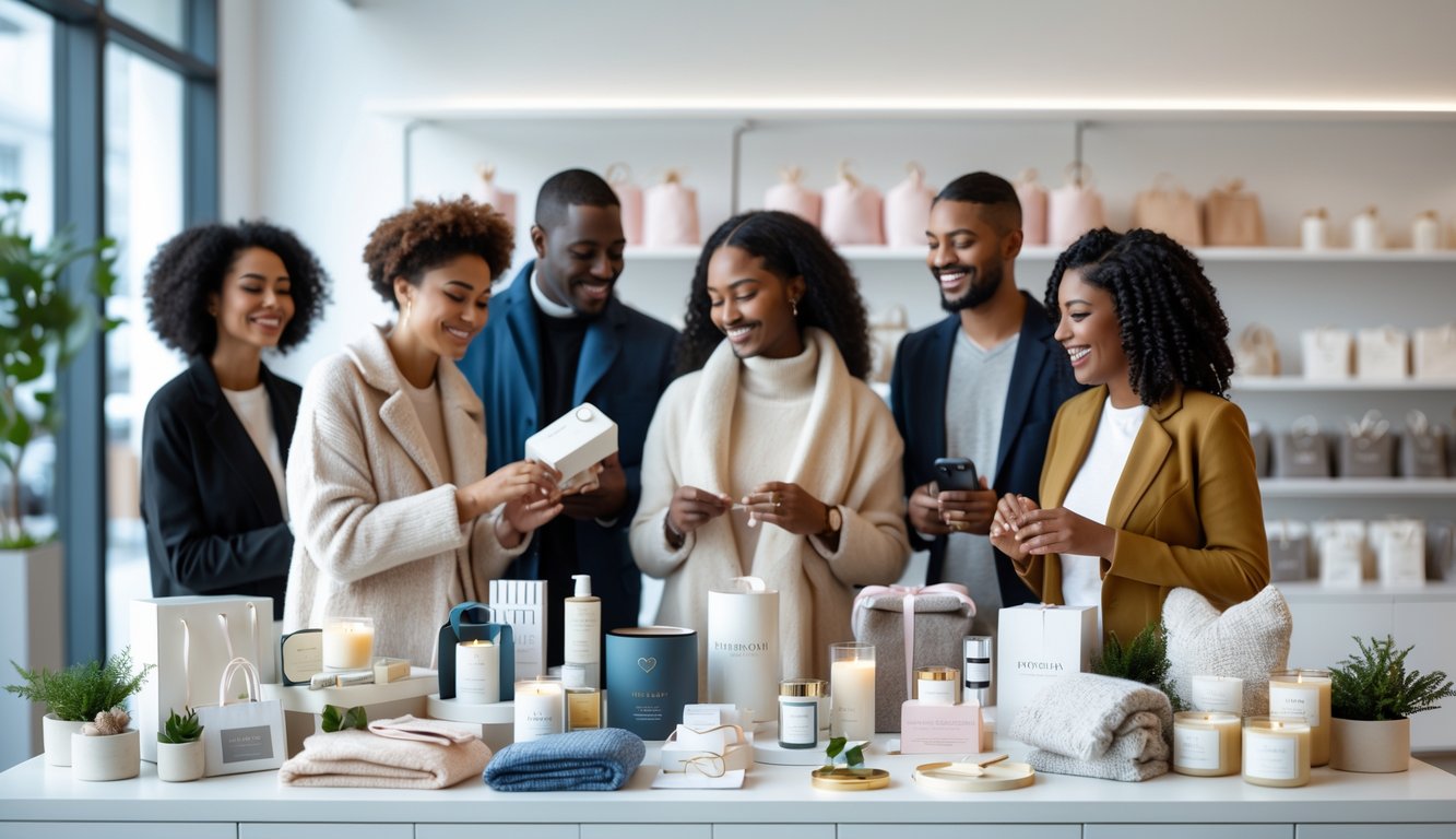 A diverse group of people browsing a store table filled with various gender-neutral gift items like gadgets, candles, and blankets.