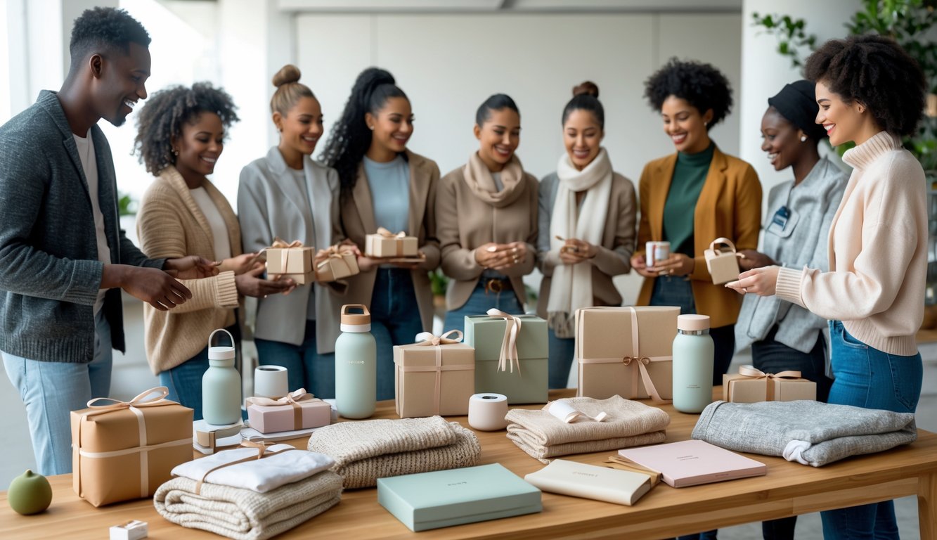 A diverse group of people gathered around a table filled with practical, gender-neutral gift items in a bright indoor setting.