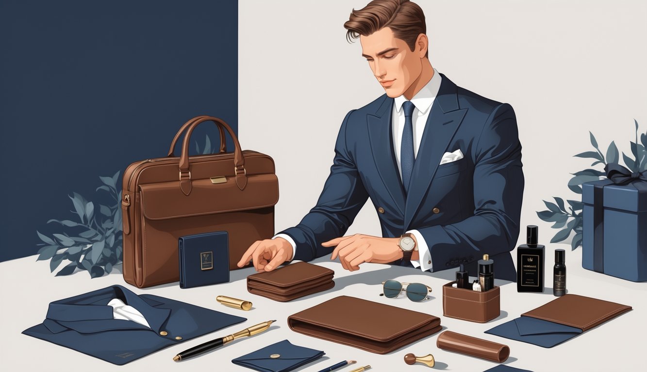 A stylish man in a tailored suit surrounded by luxury gift items like a leather briefcase, wallet, grooming products, sunglasses, a fountain pen, and a silk tie.