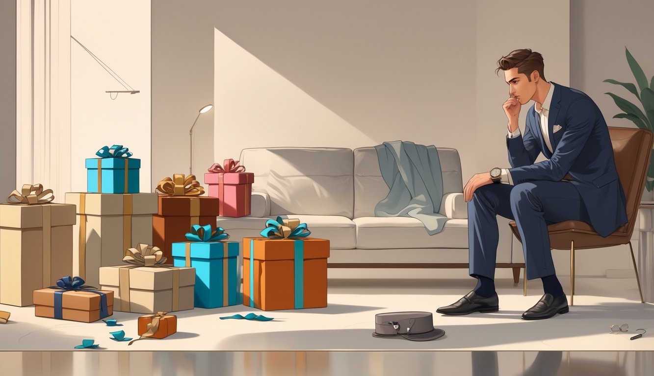 A stylish man in a modern living room looks thoughtfully at traditional gift boxes while reaching toward fashionable accessories like sunglasses, a watch, and a leather wallet on a nearby table.