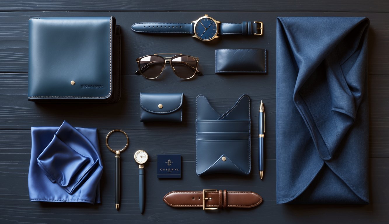 A flat lay of men's everyday accessories including a leather wallet, watch, sunglasses, pen, key holder, pocket square, and belt arranged on a wooden surface.