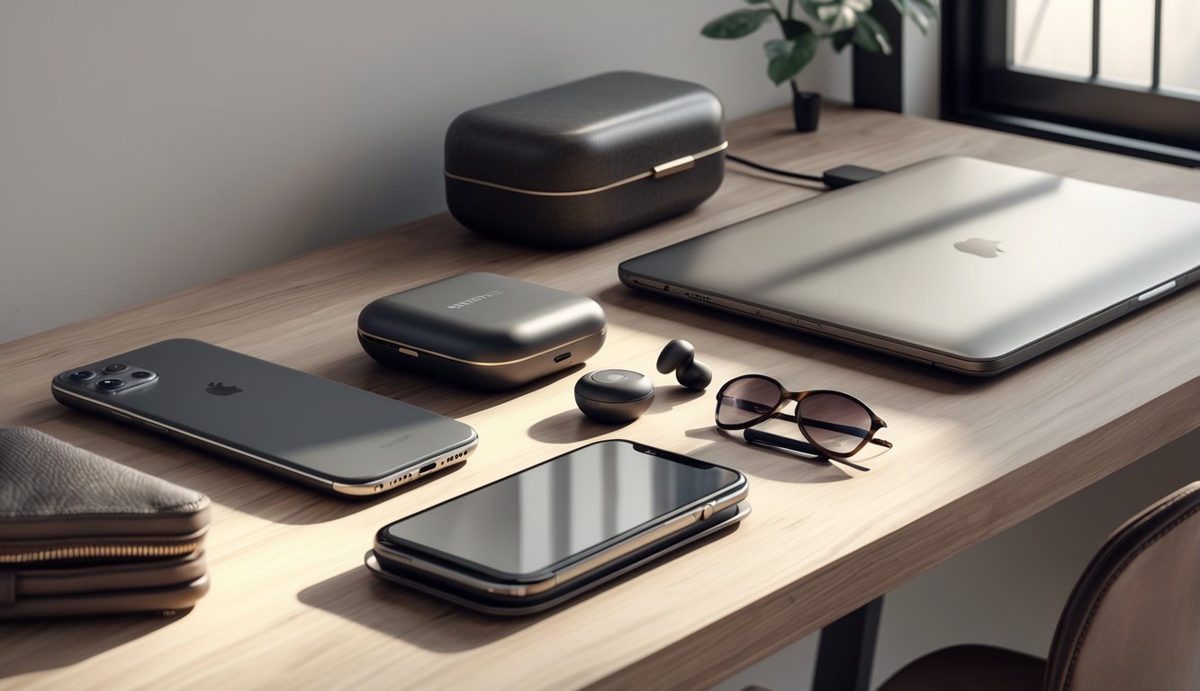 A modern workspace with high-end tech gadgets including a smartphone, wireless earbuds, smartwatch, laptop, sunglasses, and a leather wallet arranged neatly on a wooden desk.