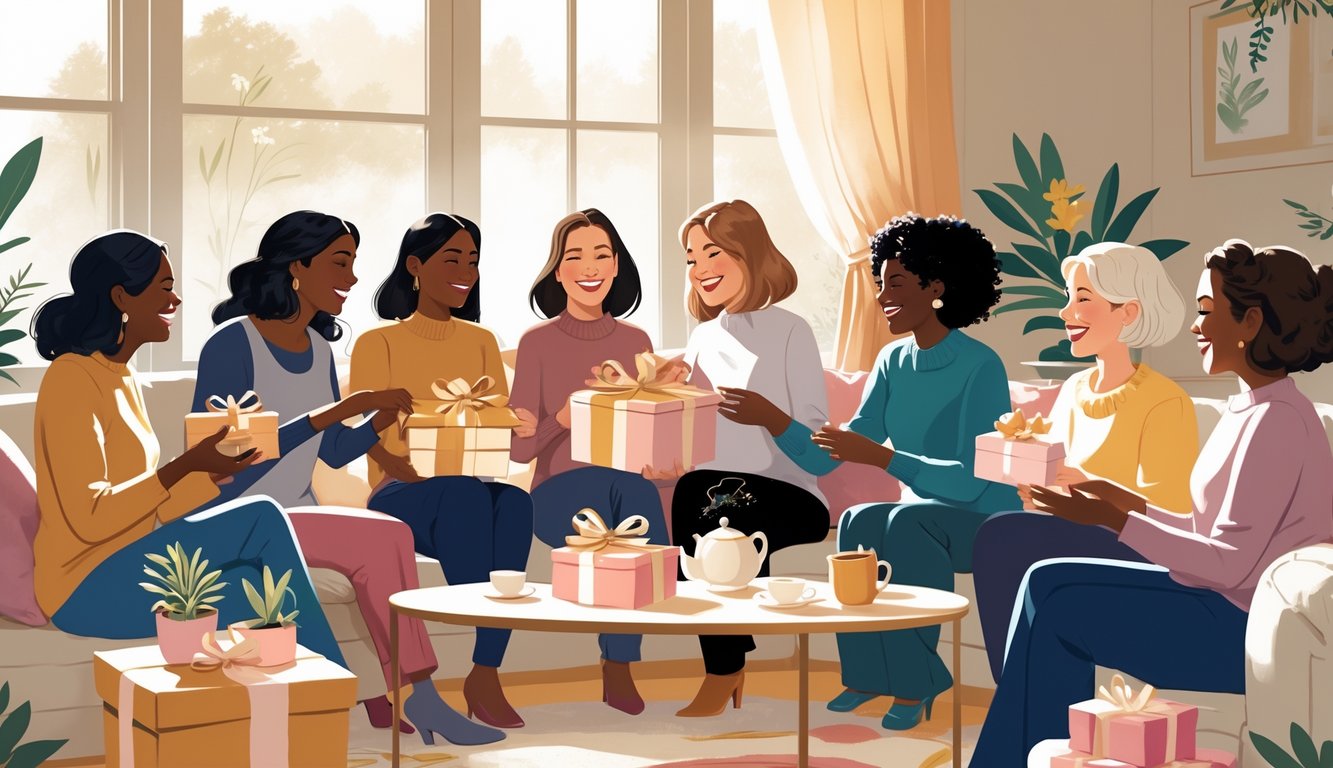 A group of women exchanging thoughtful gifts in a cozy living room, sharing happy and appreciative moments together.
