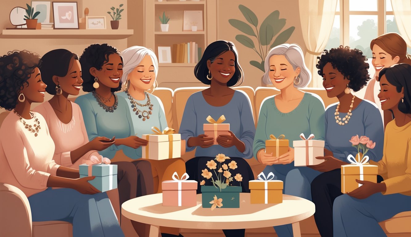 A group of women exchanging small, meaningful gifts in a cozy living room, smiling and showing appreciation.