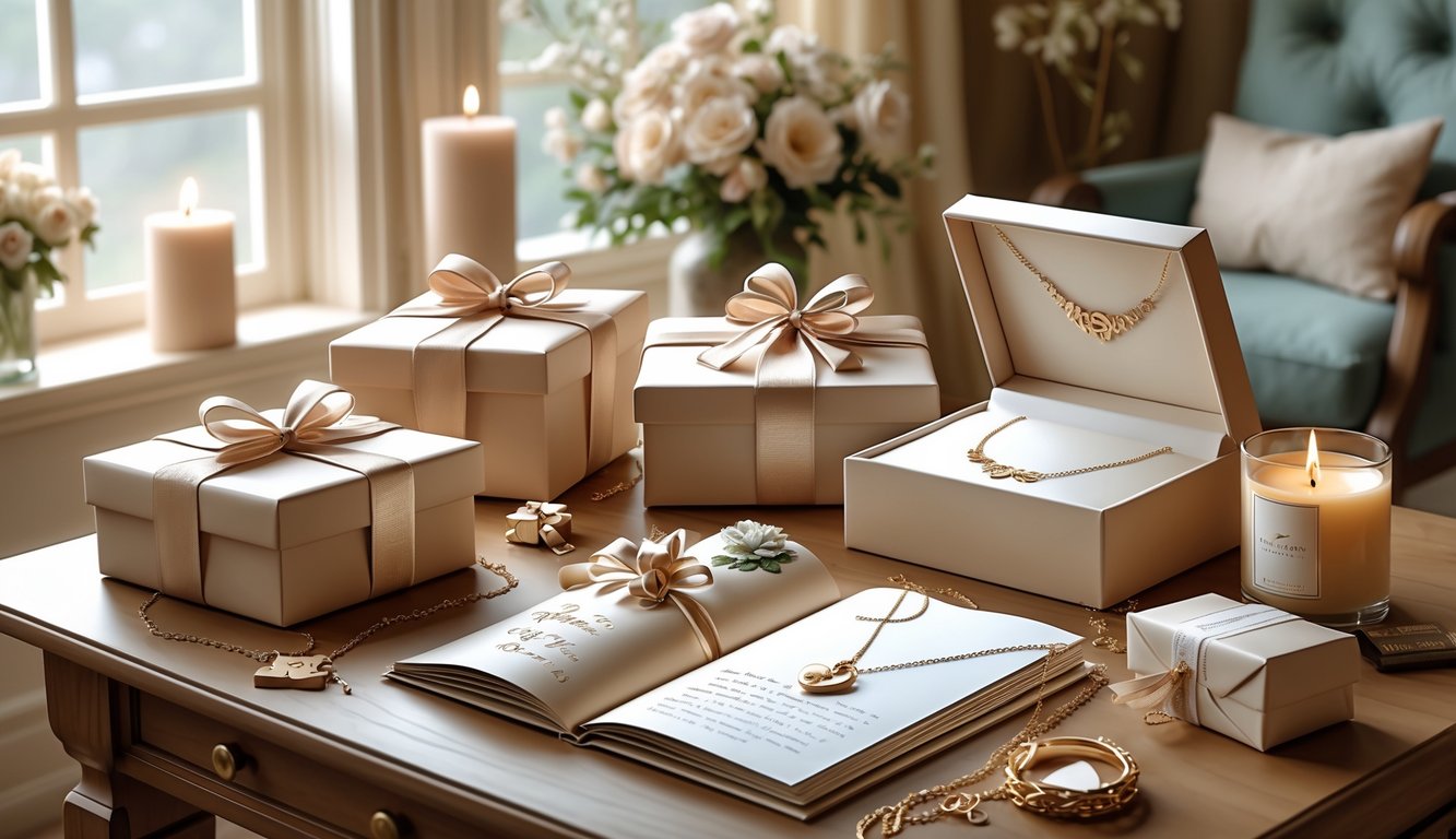 A cozy table displaying personalized gifts like engraved jewelry, a photo album, wrapped boxes, and scented candles with soft natural light and flowers in the background.