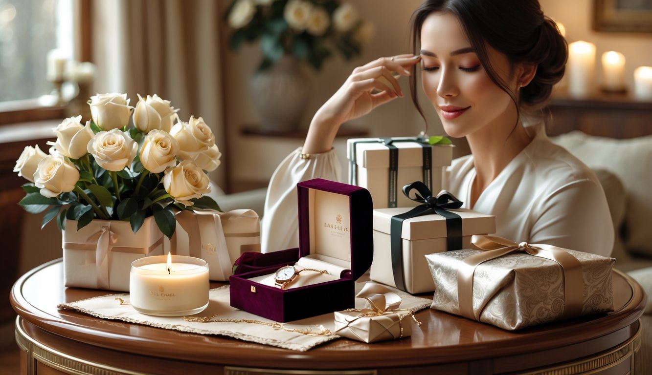 A woman quietly admiring a collection of luxury gifts including a pearl necklace, designer watch, scented candle, and silk scarf arranged on a table.