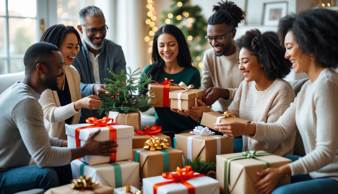 A diverse group of people happily exchanging and opening gifts in a bright living room, showing expressions of gratitude and surprise.