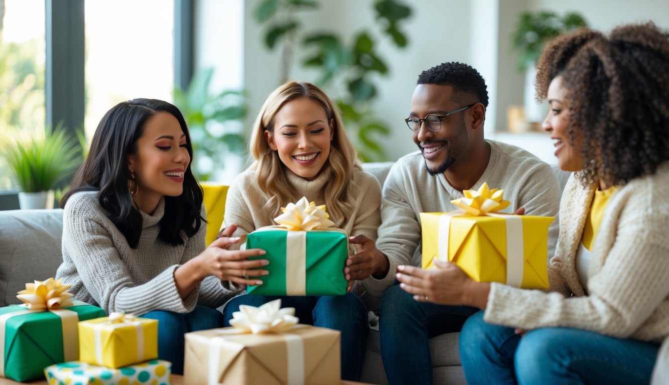 Three adults exchanging gifts in a bright living room, smiling and showing surprise and gratitude.