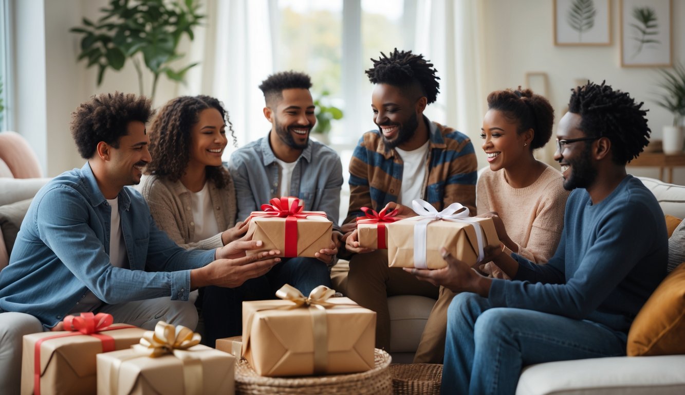 A diverse group of people happily exchanging wrapped gifts in a cozy living room, showing expressions of gratitude and connection.