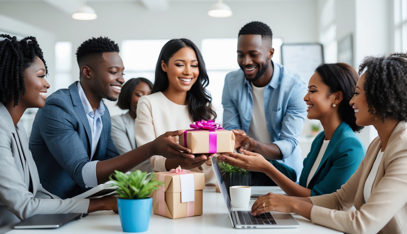 A group of coworkers in an office warmly exchanging neutral gifts, smiling and showing appreciation.