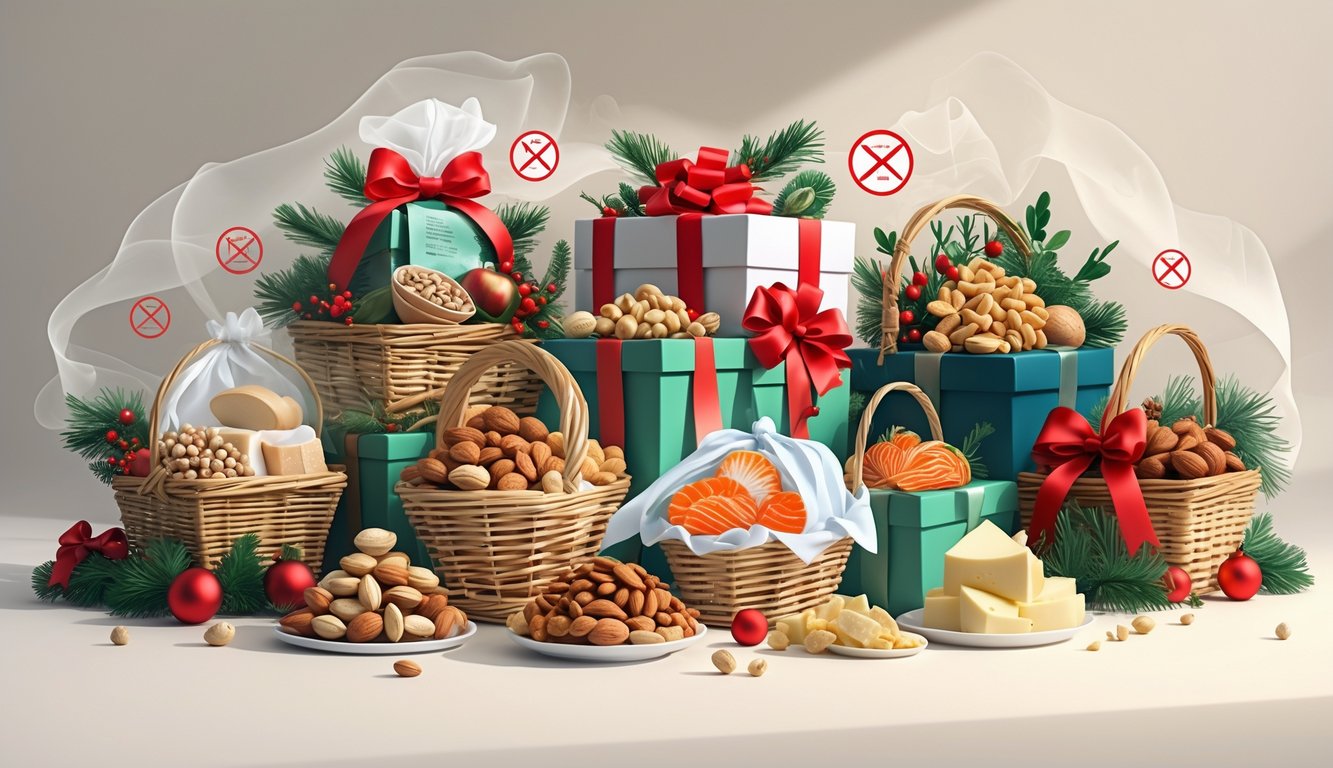 Several holiday gift baskets filled with foods like nuts, shellfish, and dairy, decorated with festive holiday greenery and ribbons, with subtle warning symbols indicating hidden allergens.