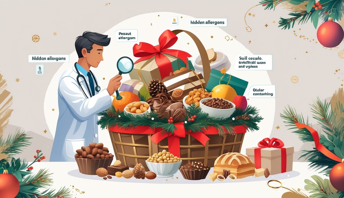 A holiday gift basket filled with assorted foods being carefully examined by a doctor with a magnifying glass, highlighting potential hidden allergens.