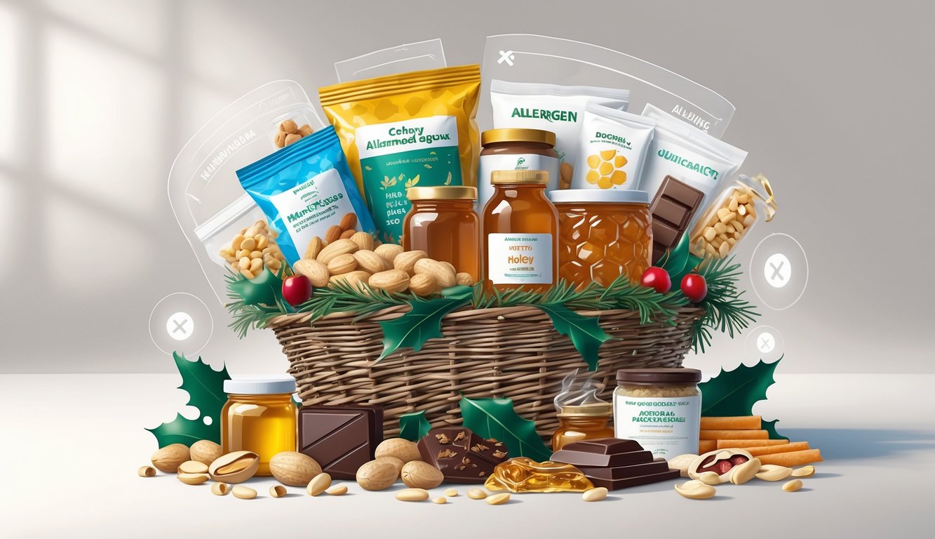 A holiday gift basket filled with nuts, honey, chocolates, dried fruits, and packaged snacks, with subtle caution symbols indicating potential allergens.