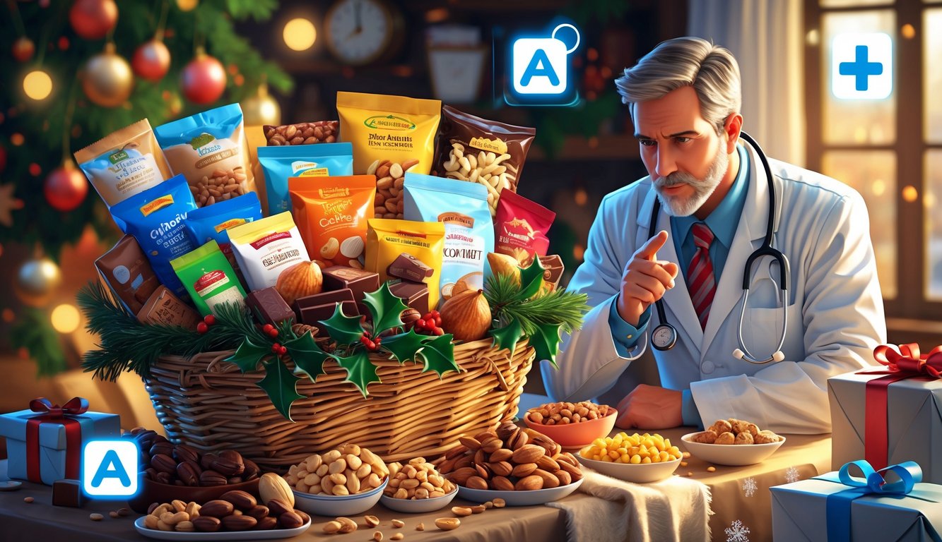 A holiday gift basket filled with various food items and a doctor pointing at it, surrounded by subtle allergy warning symbols.