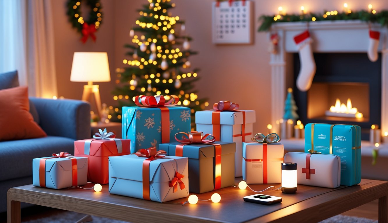 A cozy living room with a Christmas tree and practical last-minute holiday gifts arranged on a coffee table.