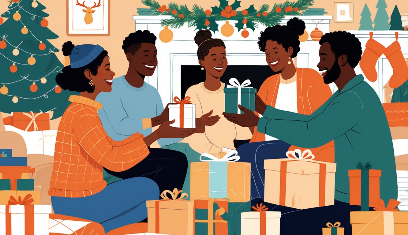 People exchanging practical holiday gifts in a cozy living room decorated for Christmas with a tree, fireplace, and festive decorations.