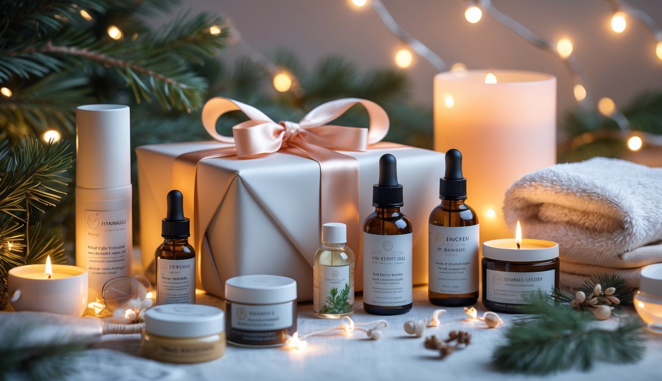 A holiday scene with wrapped gifts, skincare and wellness products, candles, and holiday decorations arranged on a table.
