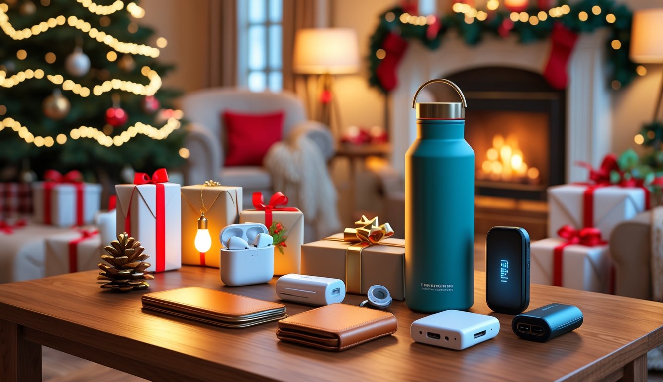 A cozy living room with a decorated Christmas tree and a wooden table displaying practical holiday gifts like a water bottle, multi-tool, earbuds, wallet, skincare kit, and phone charger.