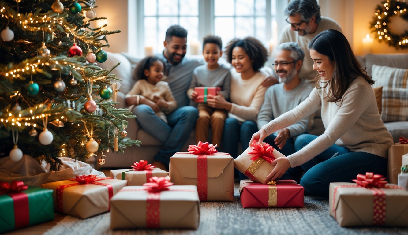 Family in a decorated living room exchanging gifts near a Christmas tree during the holidays.