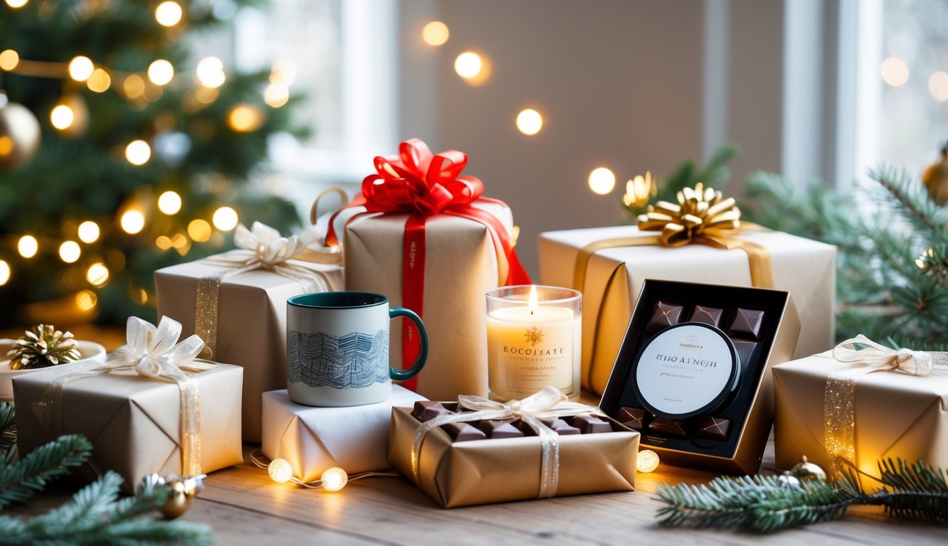 A table with neatly wrapped holiday gifts including a mug, candle, chocolates, scarf, and tech gadget surrounded by festive decorations and warm lights.