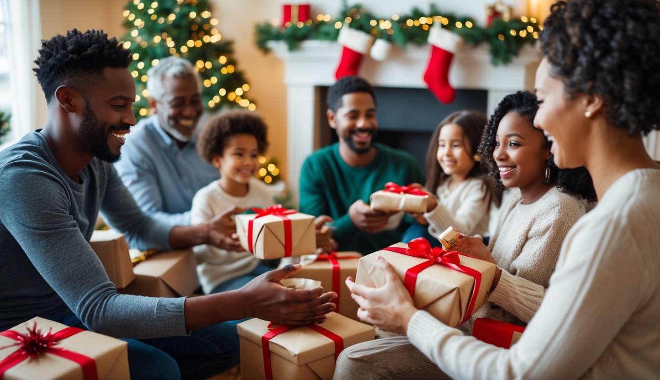 People exchanging wrapped gifts around a decorated Christmas tree in a cozy living room during the holidays.
