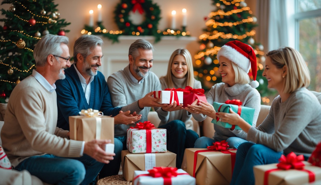 A group of adults exchanging wrapped holiday gifts in a decorated living room with a Christmas tree and festive lights.