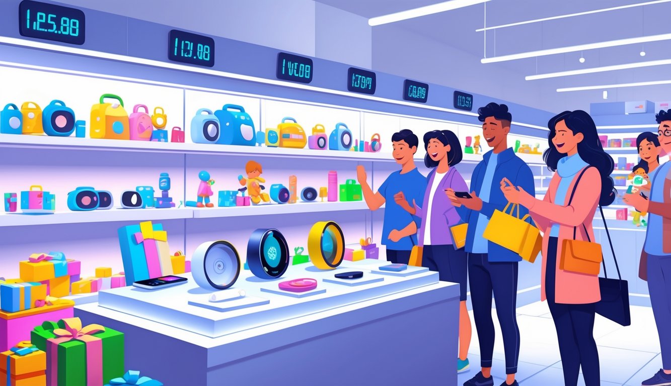 A retail store scene showing shoppers choosing modern tech gadgets over traditional toys displayed on nearby shelves.