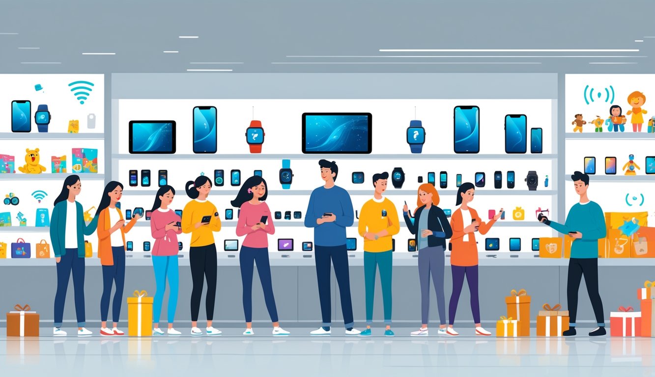 Shoppers in a modern store examining tech gadgets displayed prominently, with a smaller section of traditional toys in the background.