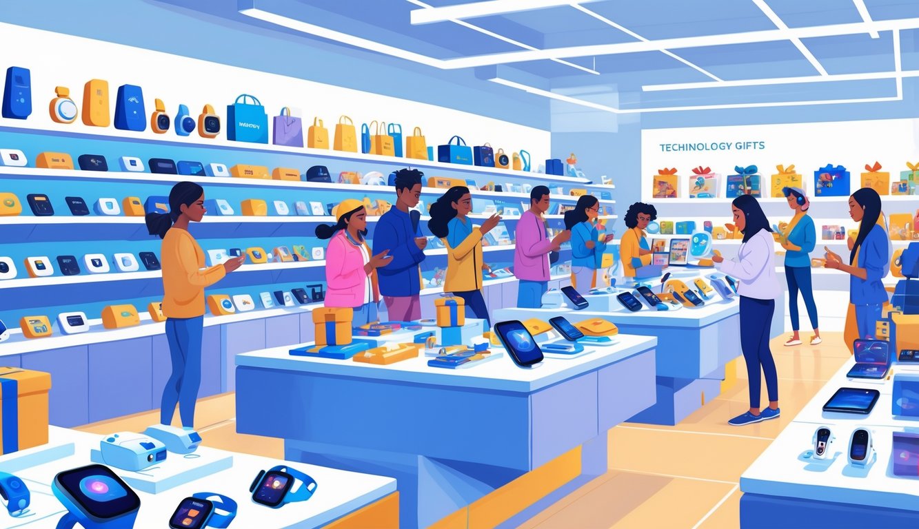 Shoppers exploring a store with shelves full of tech gadgets like smartwatches, earbuds, and drones, while a smaller toy section is visible in the background.