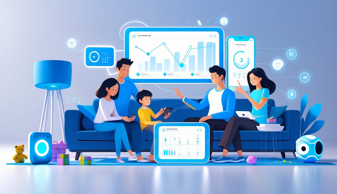 A family in a living room interacting with various smart devices like a tablet, smart speaker, and wearable, with traditional toys visible in the background.