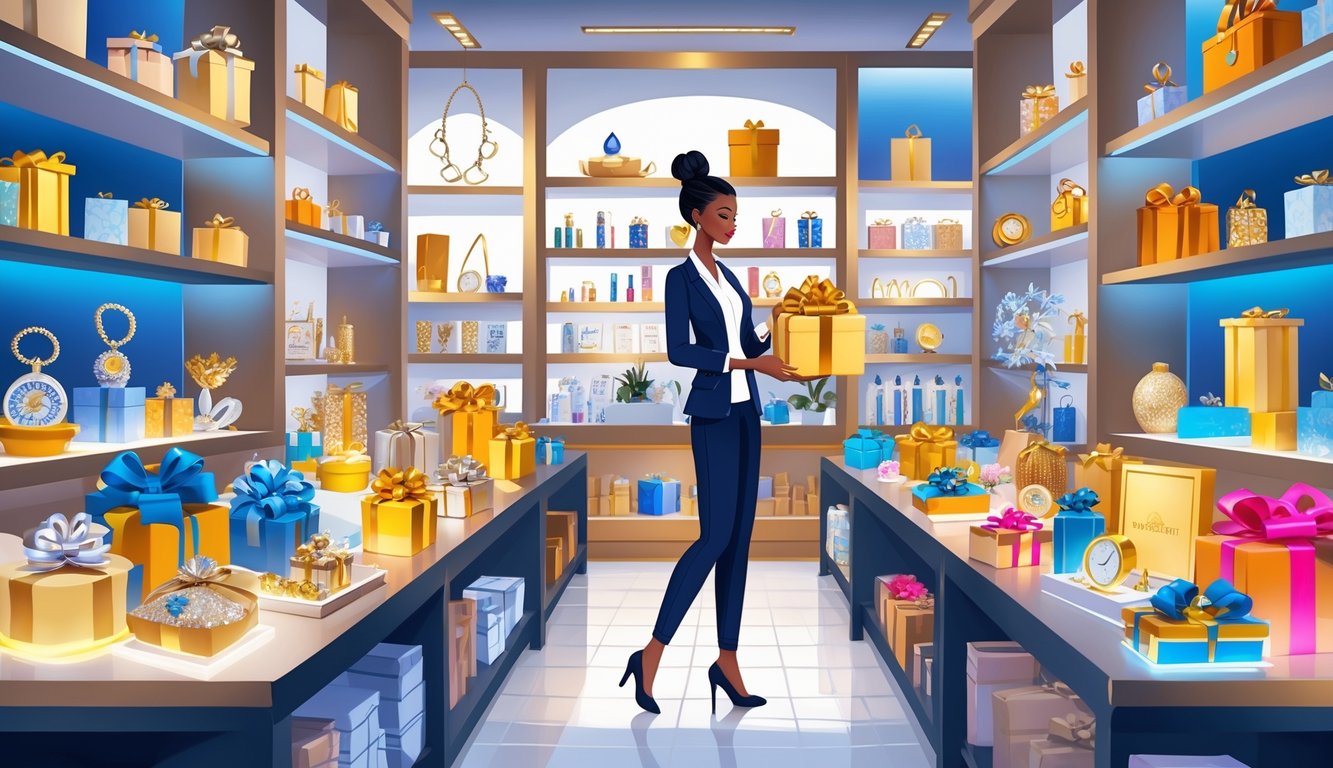 A shopper in a stylish store selecting unique and elegant gift items from neatly arranged shelves and tables.