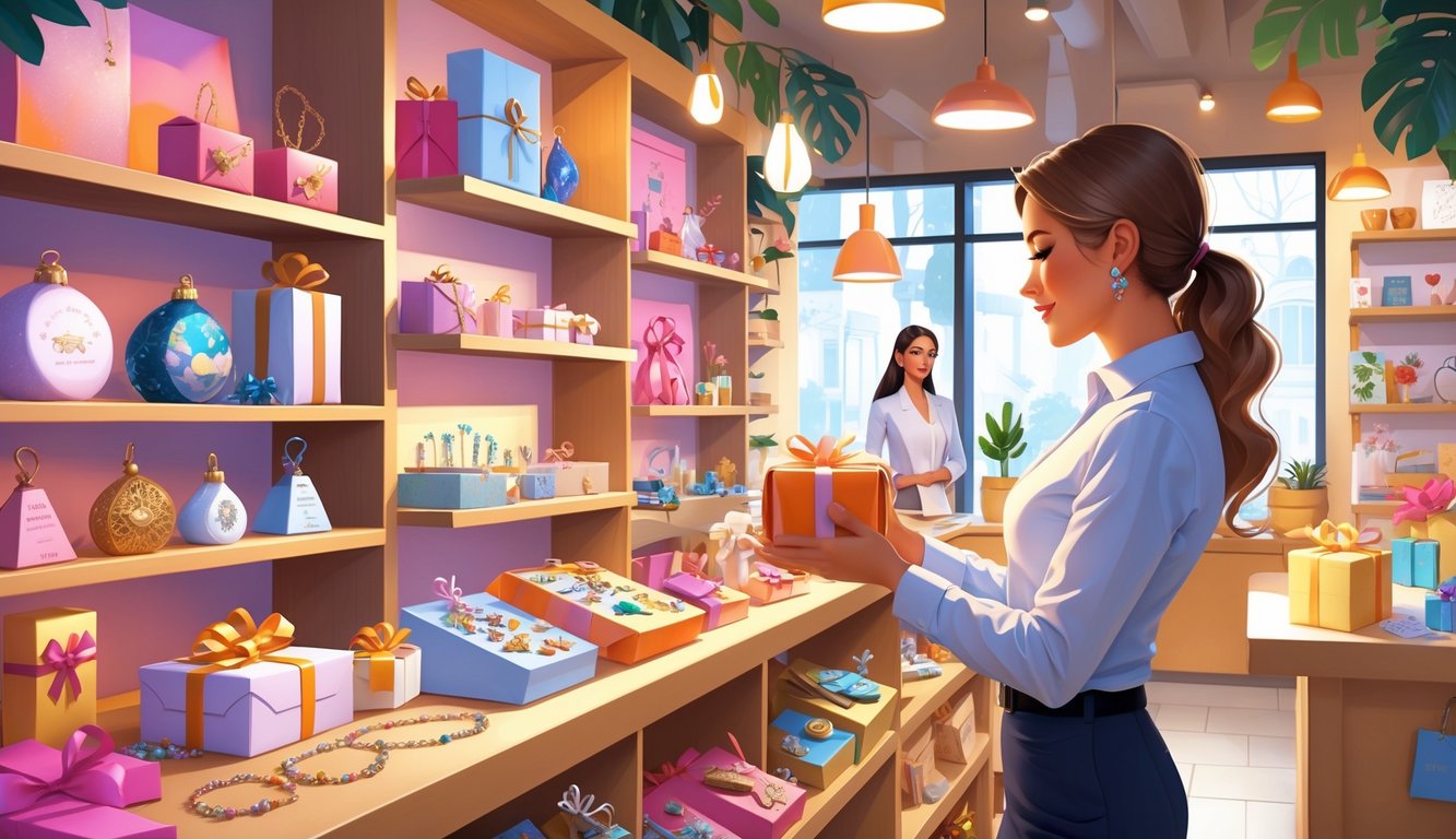 A person in a gift shop selecting a unique, beautifully wrapped gift from shelves filled with creative and unusual presents.