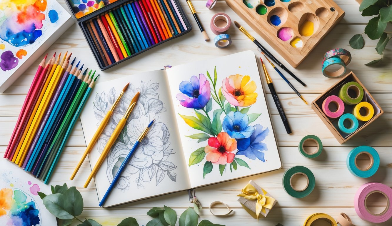 A flat lay of art supplies and handcrafted creative gifts arranged on a wooden table.