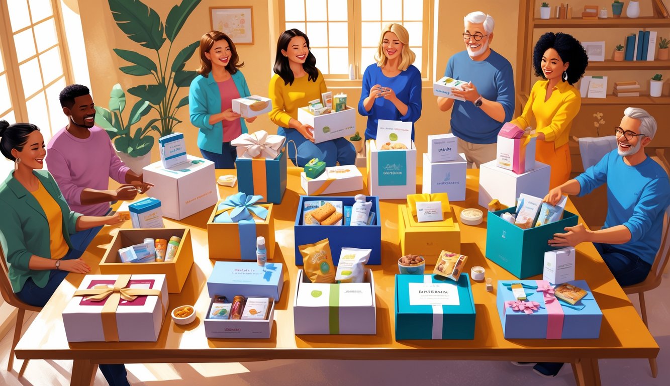 A group of people happily unboxing and exploring various themed subscription boxes arranged on a table in a cozy, sunlit room.