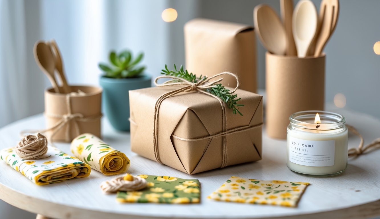 A wrapped gift with natural twine and greenery on a wooden table surrounded by eco-friendly items like beeswax wraps, bamboo utensils, a succulent, and a soy candle.