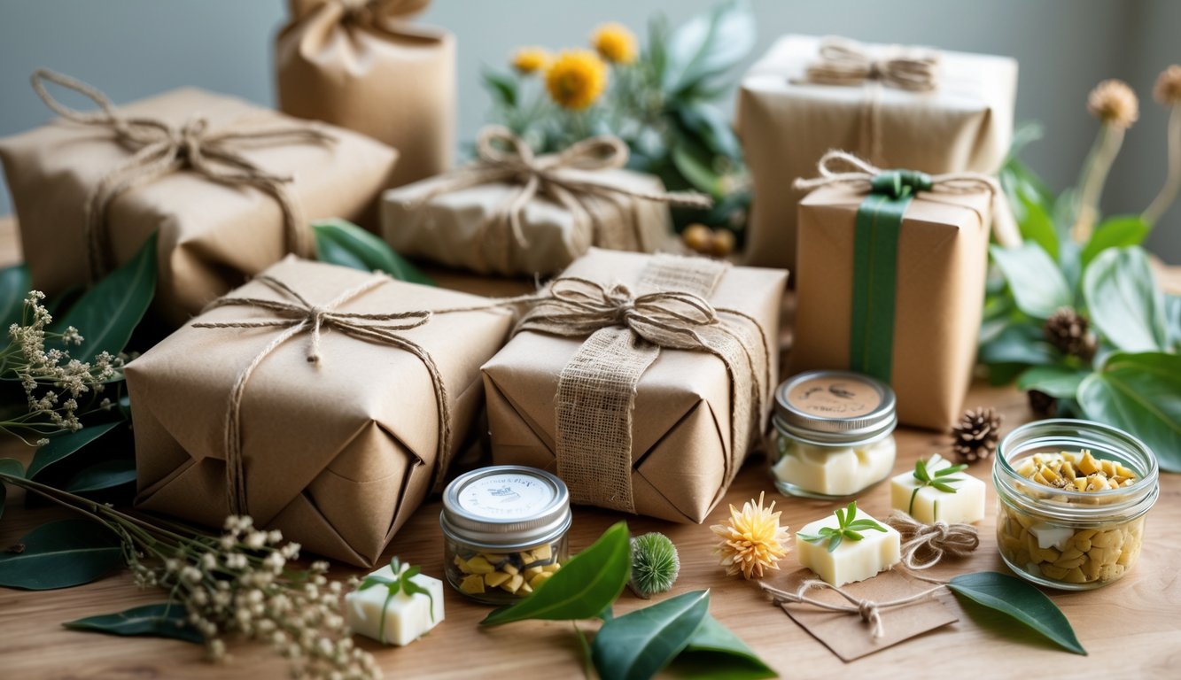 An assortment of eco-friendly gifts wrapped in reusable fabric and kraft paper, decorated with dried flowers and green leaves on a wooden surface.
