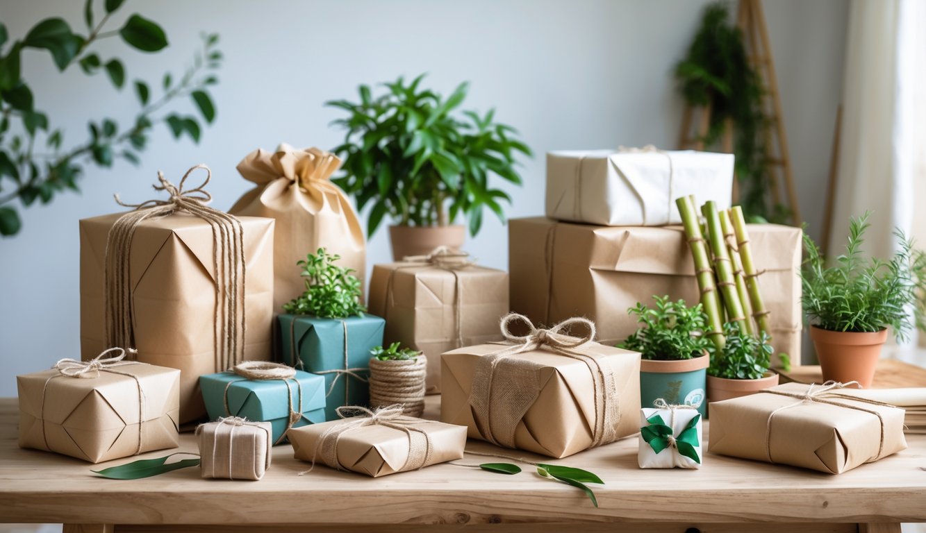 A table displaying various eco-friendly gifts including wrapped presents, fabric bags, potted plants, and wooden items with greenery in the background.